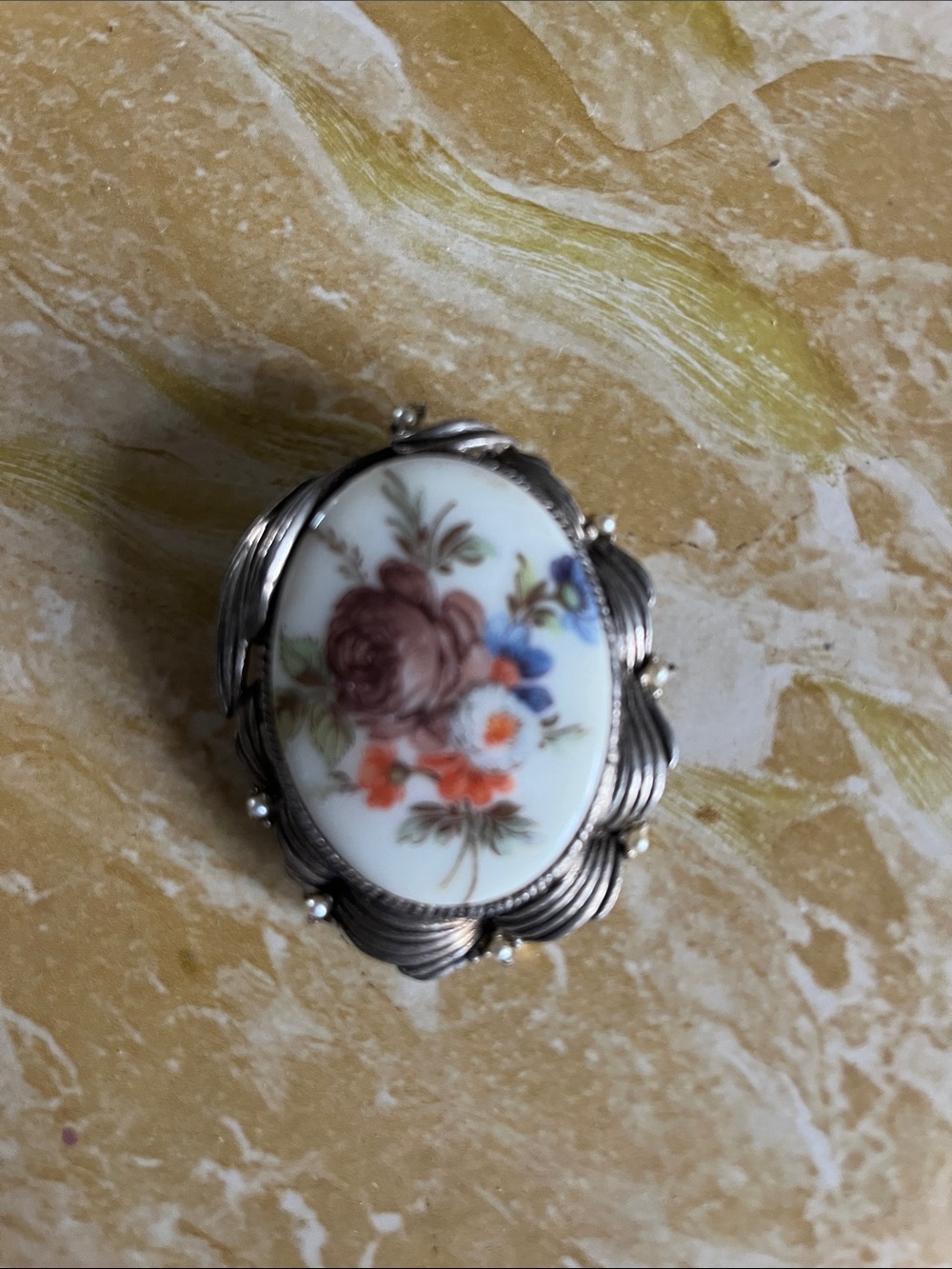 Porcelain Floral Oval Brooch in White with Brown Rose Accent